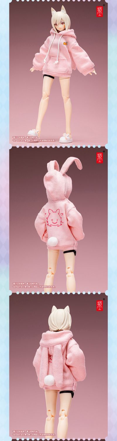 樱粉色兔耳布制卫衣+白色兔子拖鞋套装